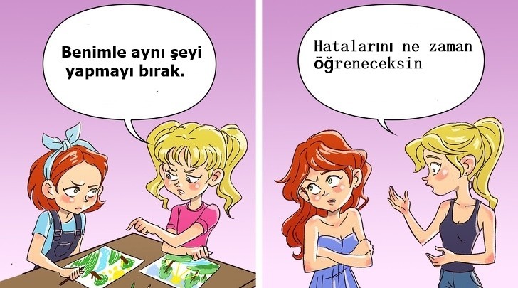 Kız kardeşler birbirlerinin yaptığı şeyleri taklit etmeye bayılırlar