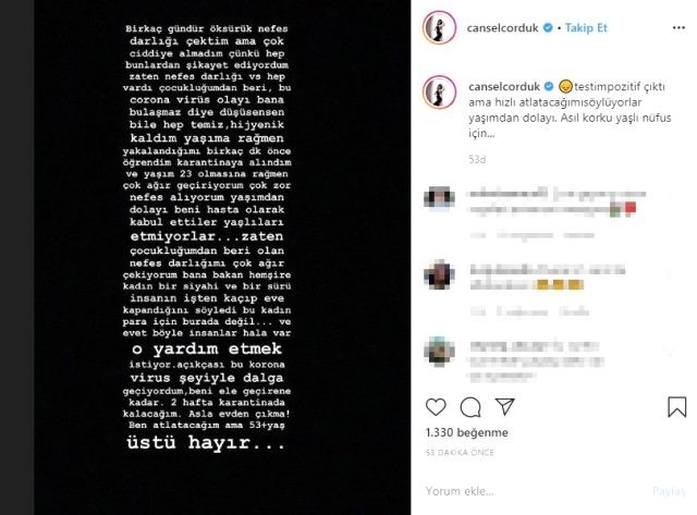 Cansel Çördük'ün instagram hesabında yaptığı paylaşım