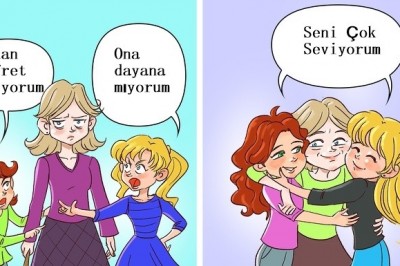 Kız Kardeşler Arasındaki Diyalogları Gösteren Çizgi Görseller